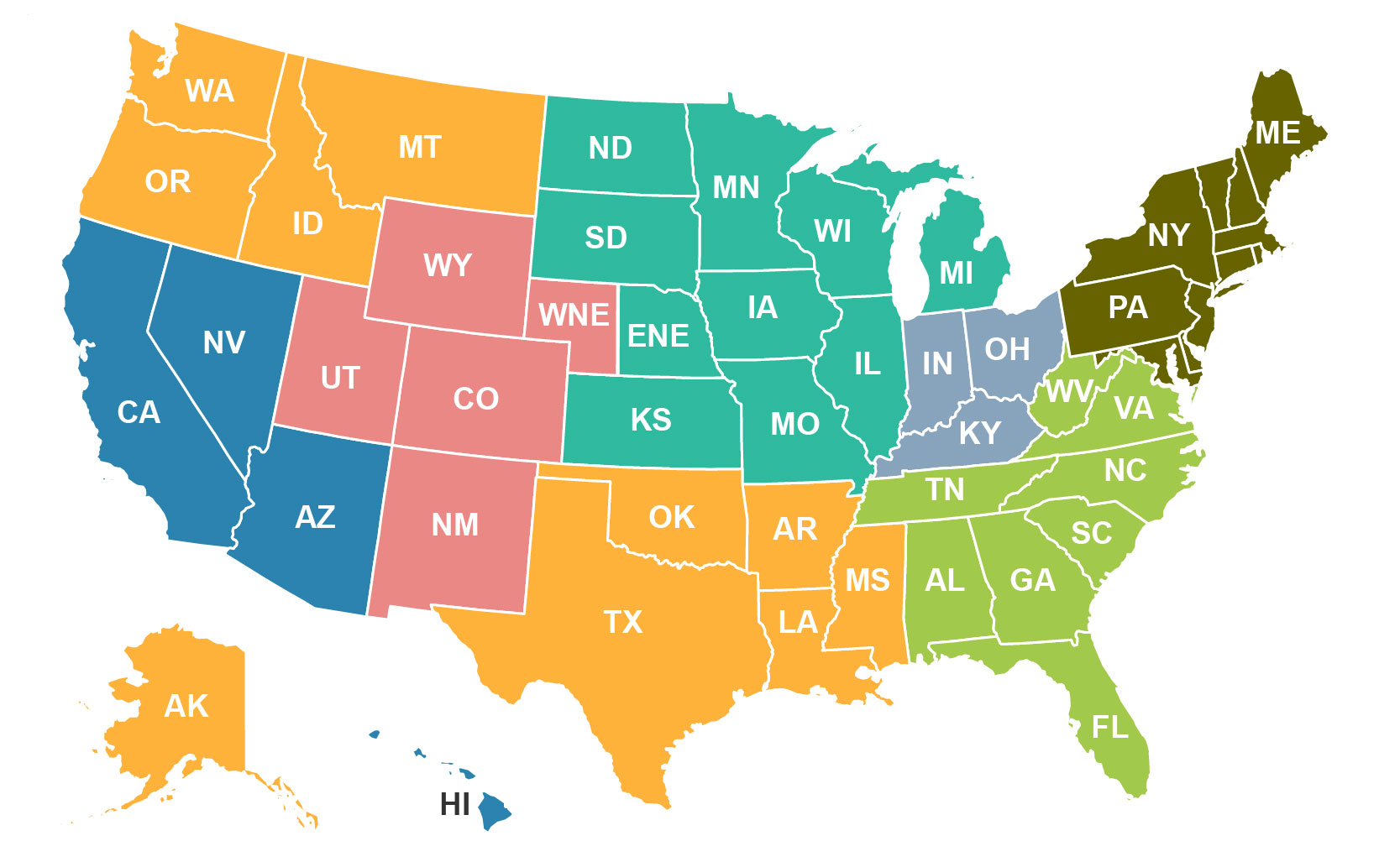 Map of the United States broken out by sales rep territory.